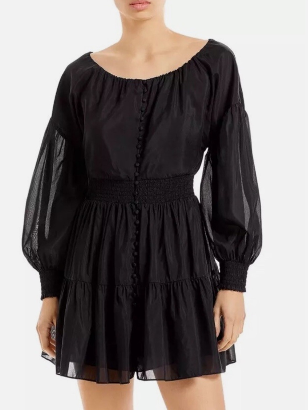 Alice + Olivia Mini Dress Black Silk-Blend Tiered Long Sleeve size 4
